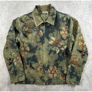 Chicos Design Vintage Womens Denim Jacket Olive Blue Floral Applique Zip Boho